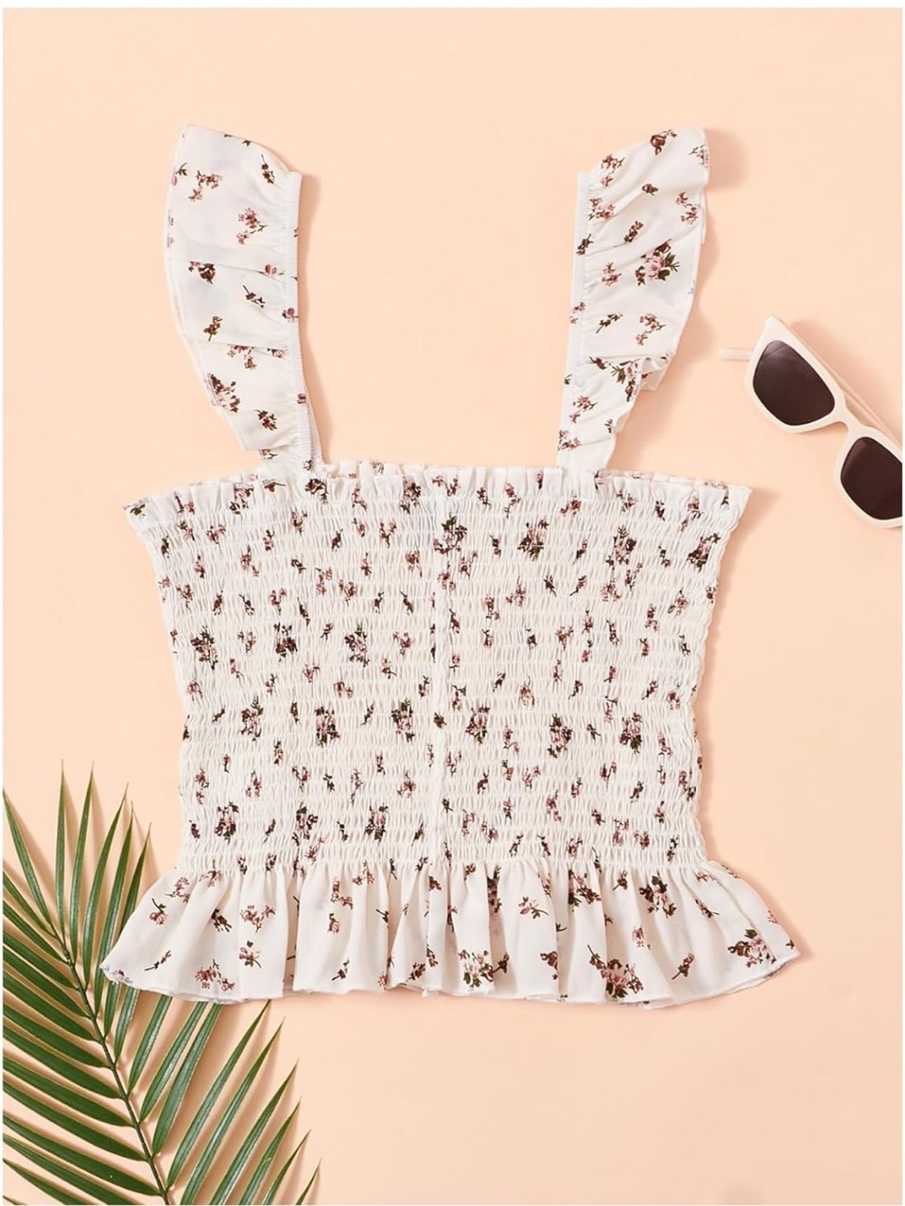 Floral Smocked Ruffle Tank Top - White